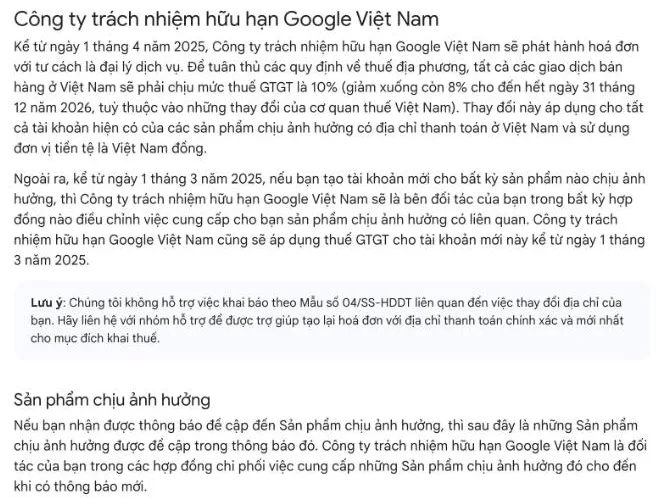Trang trợ giúp Google Ads phần Công ty TNHH Google Việt Nam: hóa đơn từ 1/4/2025, thuế GTGT 10% giảm còn 8% đến hết 31/12/2026