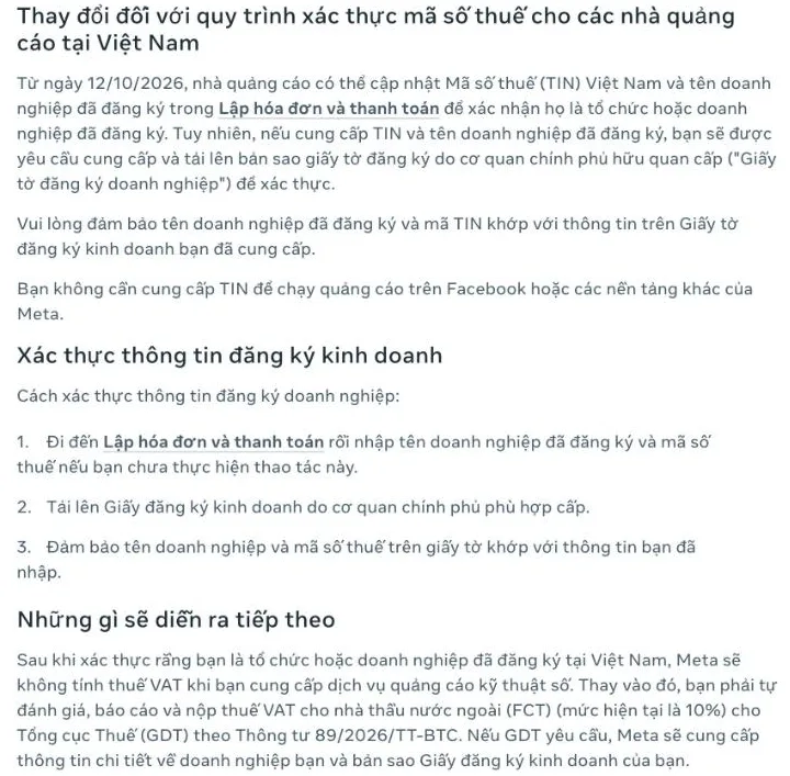 Trang trợ giúp của Meta về xác thực mã số thuế cho nhà quảng cáo tại Việt Nam từ ngày 12/10/2026